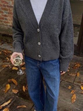 h&m gray slouchy cardigan with rhinestone crystal flower buttons